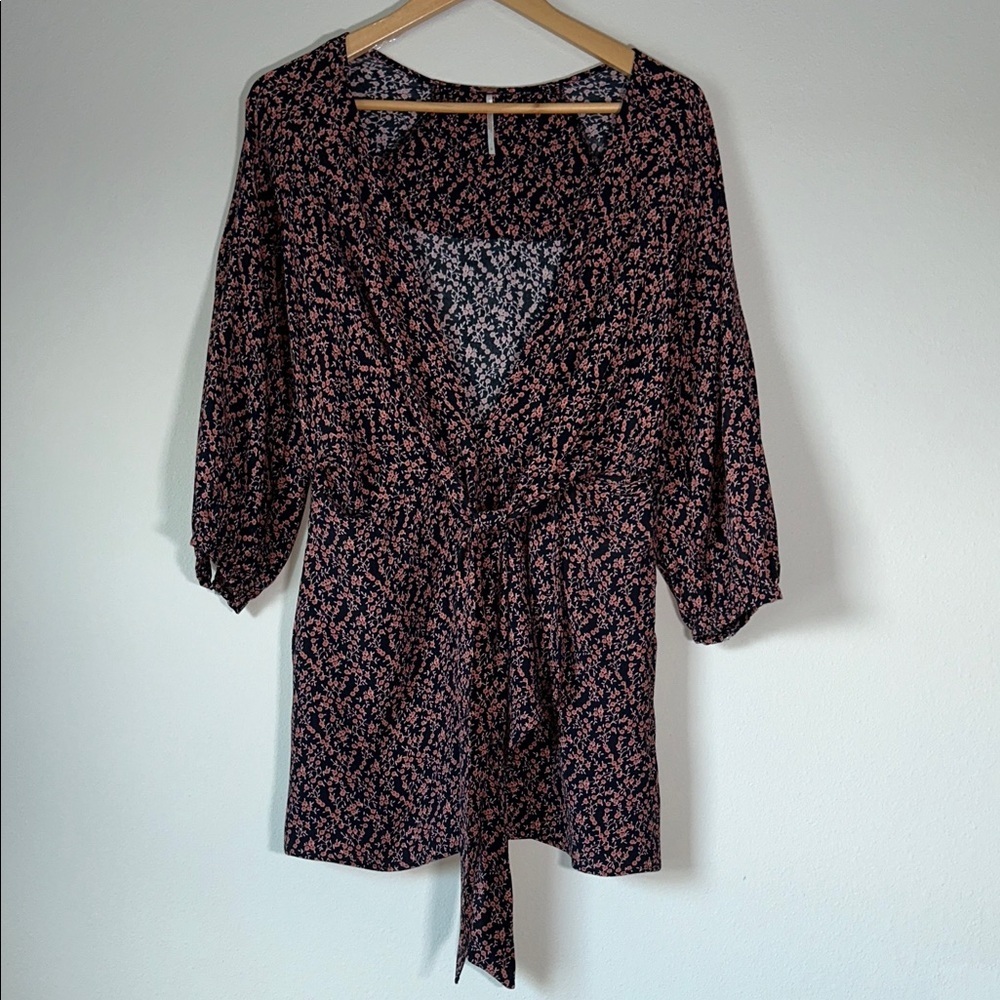 Free People Tunic Mini Dress Or Top Floral Tie Wrap Front Sz S